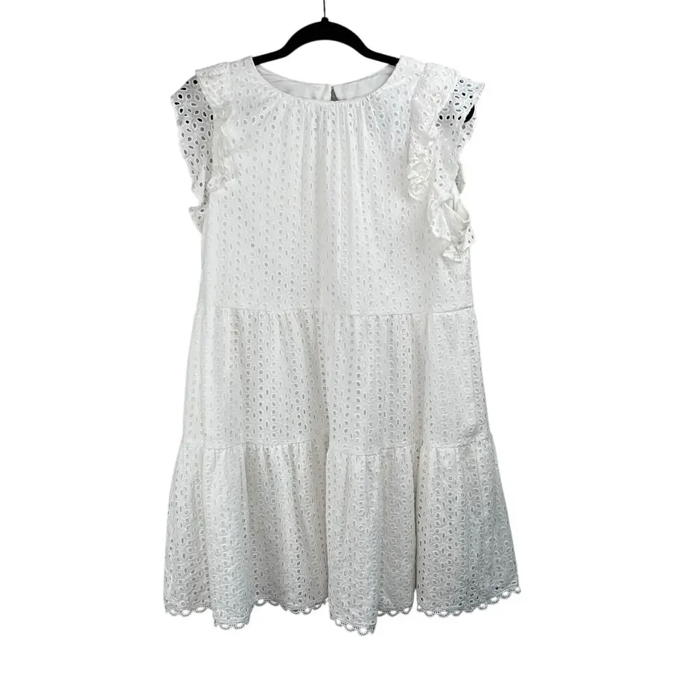 Vince Camuto White Eyelet Ruffle Keyhole Back Tiered Fit & Flare Mini Dress 14/L